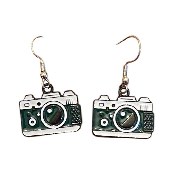 Retro Camera Earrings with Green and white Accents - Picture 2 of 4